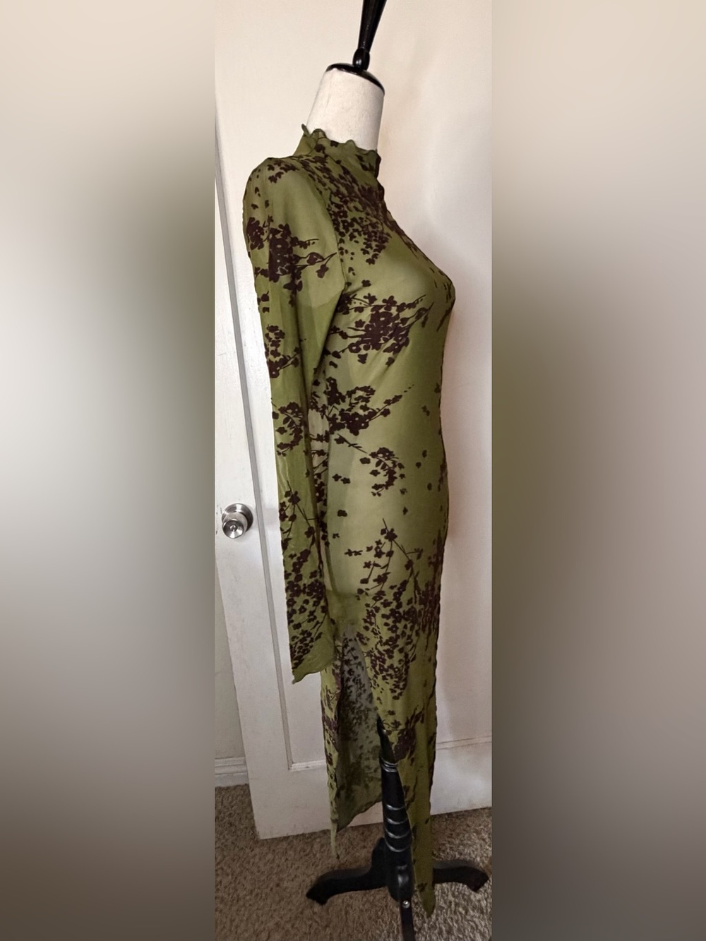 HYFVE Olive Green Floral Mesh Long Sleeve Bodycon Maxi Dress y2k 90’s whimsy